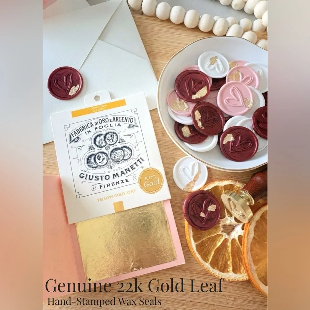 22k Gold Leaf Handmade Heart Wax Seals Wedding Invite Peel & Stick | 10 Pack
